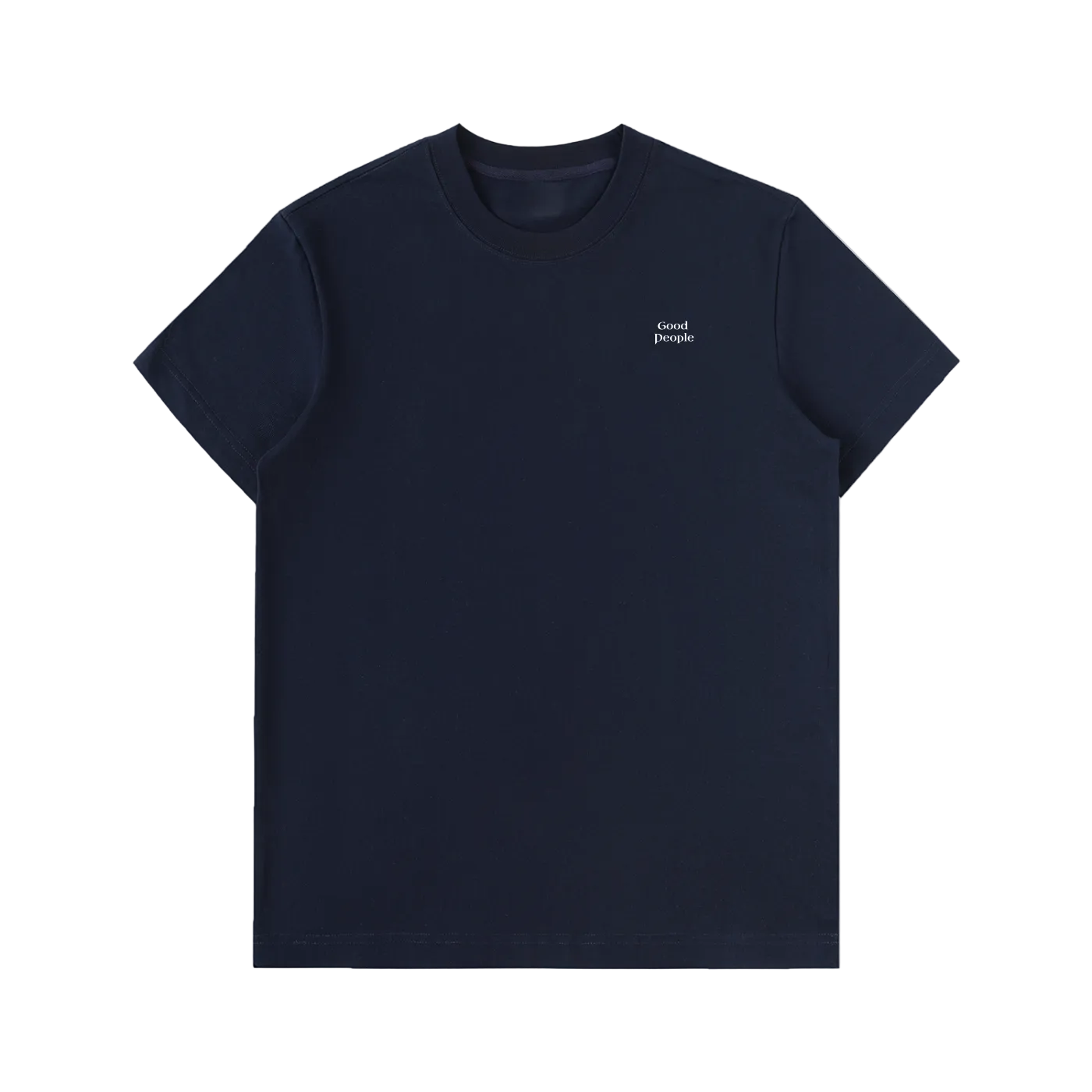 Navy blue t-shirt with a small logo on the chest against a white background