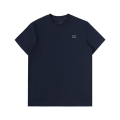 Navy blue t-shirt with a small logo on the chest against a white background
