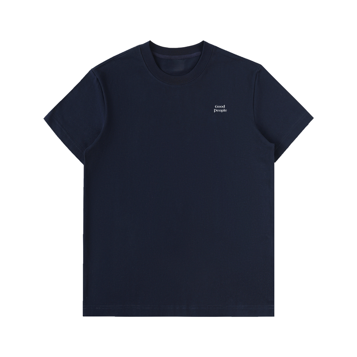 Navy blue t-shirt with a small logo on the chest against a white background